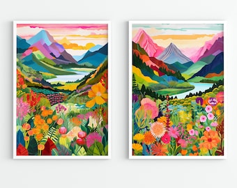 Colorful Abstract Landscape Wall Art Set of 2 Maximalist Art, Abstract Mountain Art, Floral Art, Illustration Art, Scenery Art, Eclectic Art