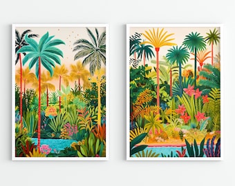Fayoum Oasis Illustration Set of 2, Tropical Island, Botanical Wall Art, Colorful Art, Palms, Floral Prints
