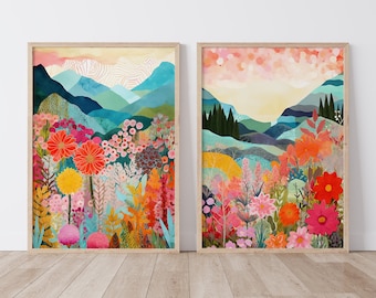 Set of 2 Colorful Landscape Patchwork Floral Botanical Art Print, Maximalist Wall Art