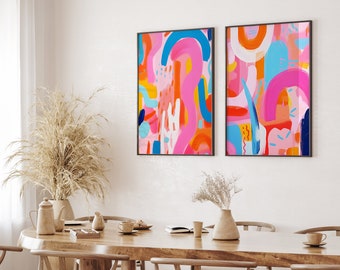 Set of 2 Pink Orange Blue Bright Abstract Wall Prints