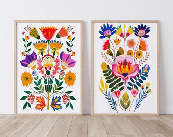 Colorful Folk Floral Style Set of 2 Illustration, Scandinavian Art Norwegian Folk Art, Bedroom Living Room Decor, Digital Download
