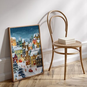 Winter Village Art Print, Christmas Scene Digital Print, Snowy Christmas Town Home Decor, Living Room Holiday Wall Decor, Digital