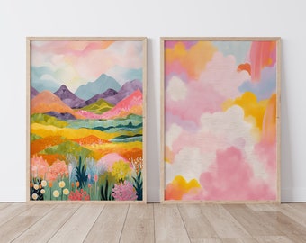 Abstract Printable Art Set of 2, Cloud Art, Acrylic Gouache Painting, Soft Pastels Print