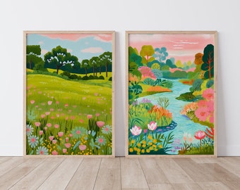 Meadow River Illustration Set of 2, Colorful Scenery Wall Art Summer Bright Vibrant Print Printable Digital