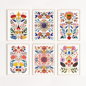 Conjunto de 6 cuadros de arte popular con motivos florales escandinavos, arte de pared ecléctico nórdico, conjunto de galería, decoración de dormitorio y sala de estar, arte noruego, DESCARGA DIGITAL