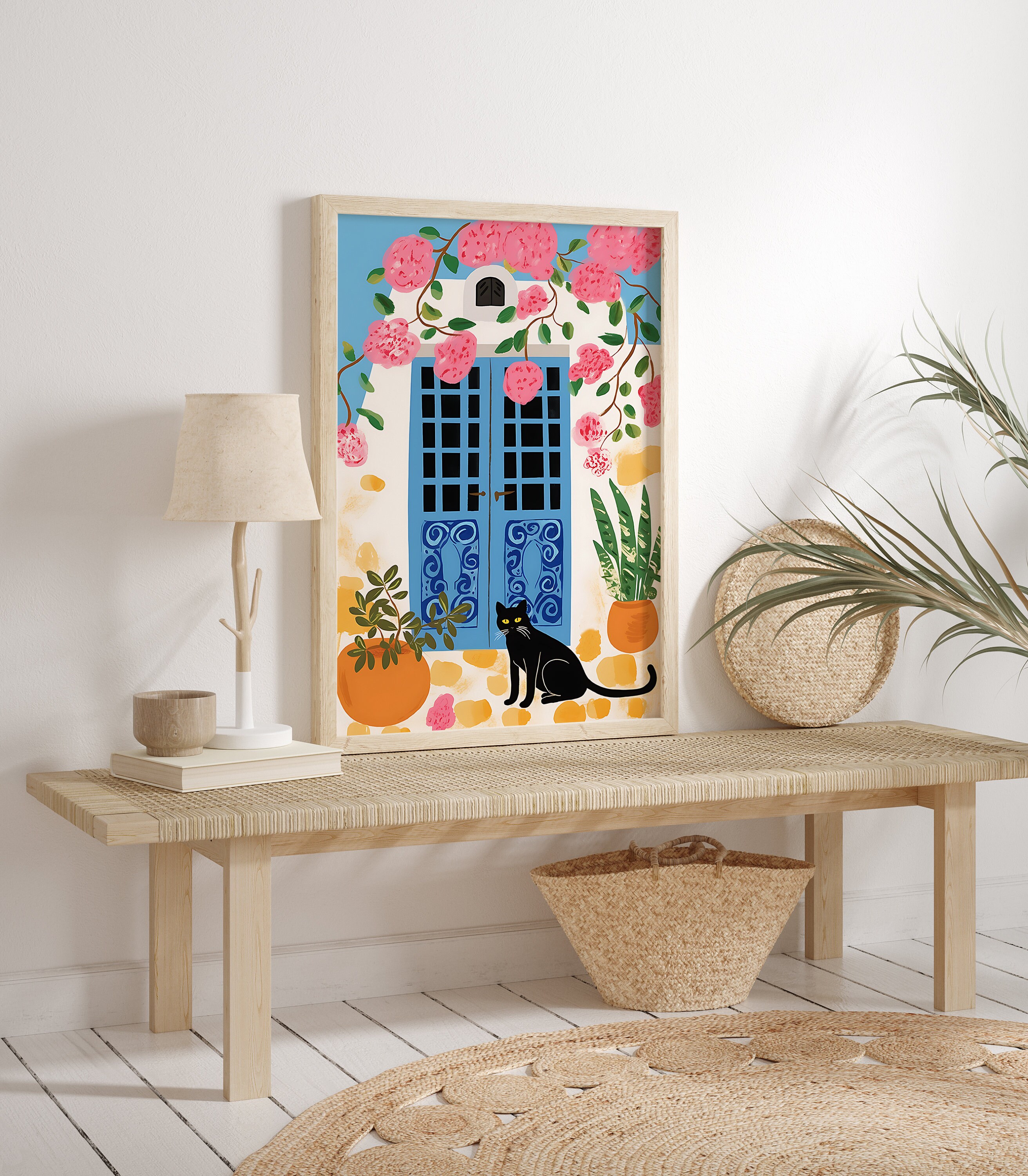 Black Cat in Greece Art Print: Floral Home Decor (digital Download) - Etsy
