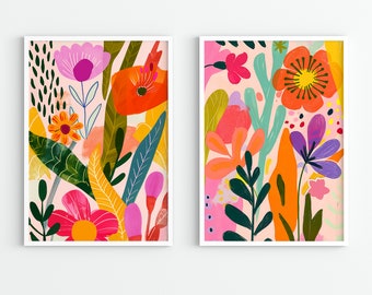 Ensemble d'art mural botanique floral abstrait de 2, art mural coloré, art mural abstrait, art acrylique, impression d'art floral