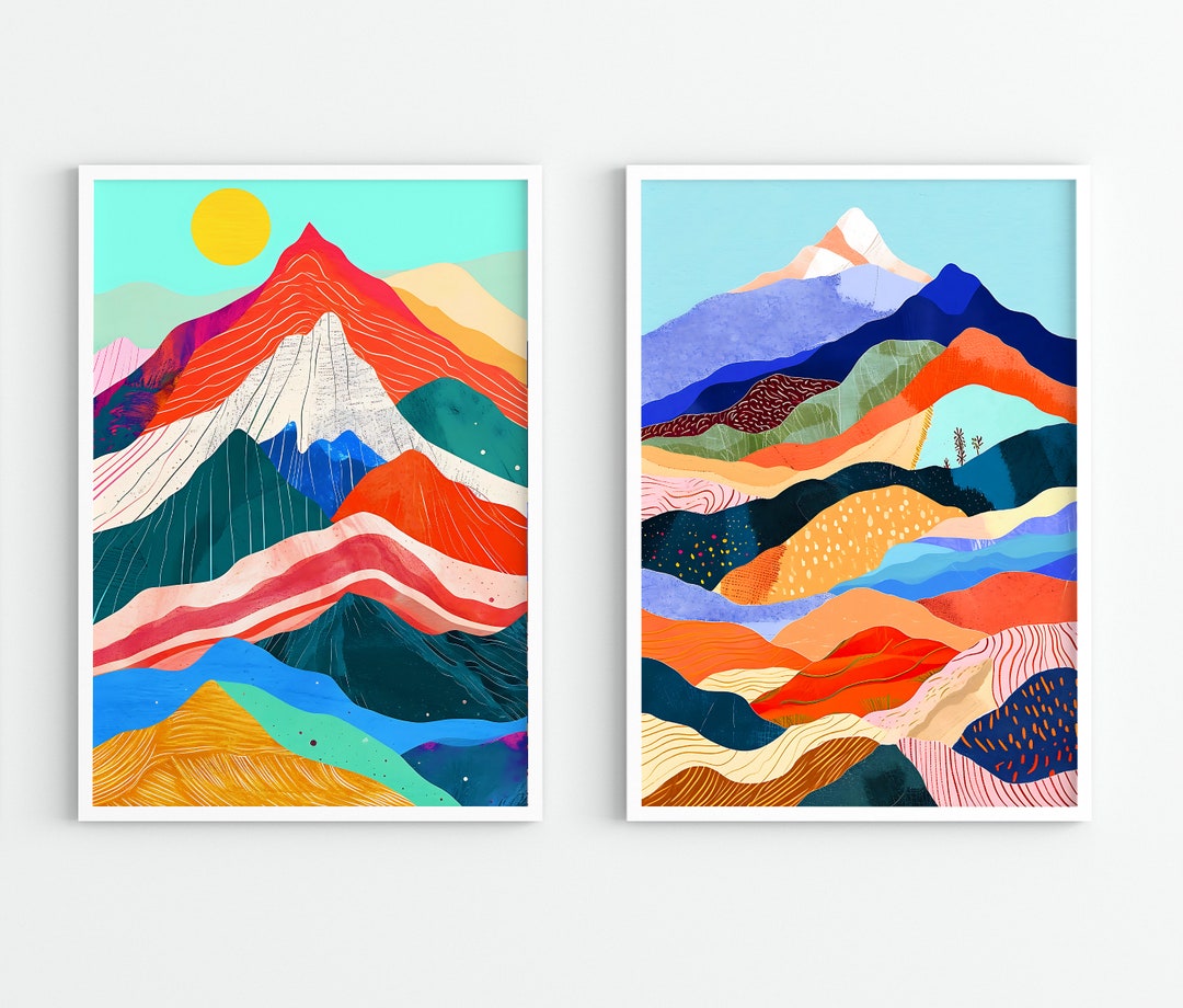 Colorful Mountain Wall Art Set of 2, Sun Landscape Art, Abstract Print ...