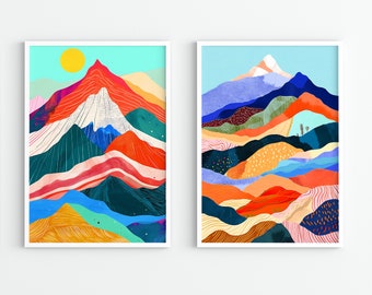 Colorful Mountain Wall Art Set of 2, Sun Landscape Art, Abstract Print