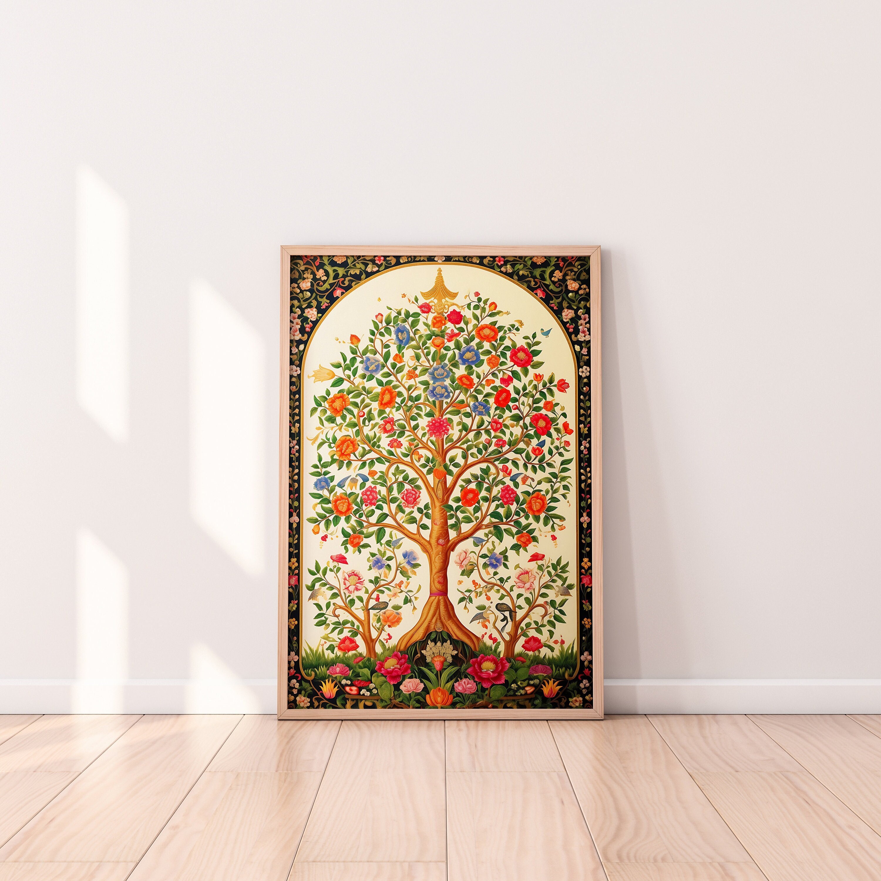 Indian Tree of Life Vintage Folk Art, Blossoming Tree, Floral Print Pichwai Painting Bohemian Wall Art