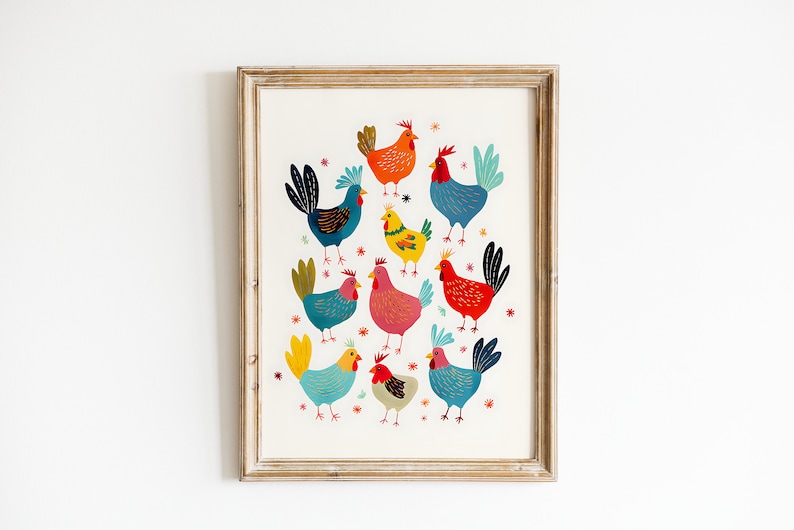 chicken painting, colorful decorative illustration, children's room, nursery art, cute print, kids room decor image 6
