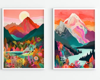 Abstract Pink Mountain Wall Art Set of 2, Colorful Wall Art, Abstract Wall Art, Acrylic Art, Illustration Art, Scenery Art Print