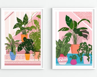Botanical Wall Art Set of 2, Plants illustration, Tropical leaves, Home Plants Wall Art, Digital Download, Gallery wall art