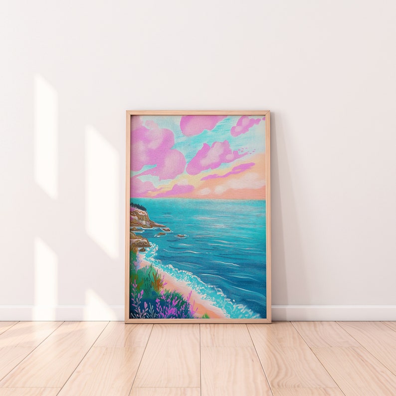 Pastel Color Seascape Painting, Colorful Wall Art, Bright Vibrant Print, Printable Digital image 1