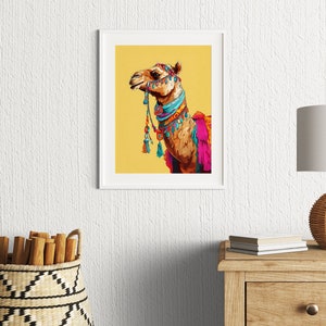 May include: A colorful illustration of a camel wearing a decorative headpiece and a colorful scarf. The camel is set against a yellow background.