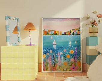 Seascape Painting Colorful Scenery Wall Art Summer Bright Vibrant Print Printable Digital Beach Drawing