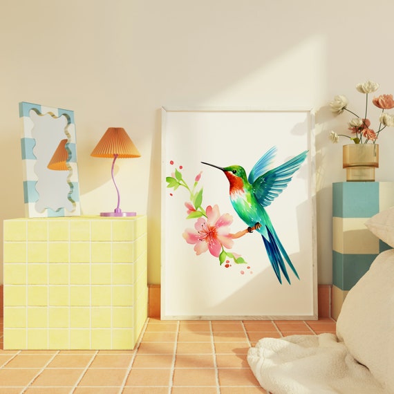 Hummingbird Art, Bird Painting, Floral Wall Art, Vibrant Prints, Digital Download