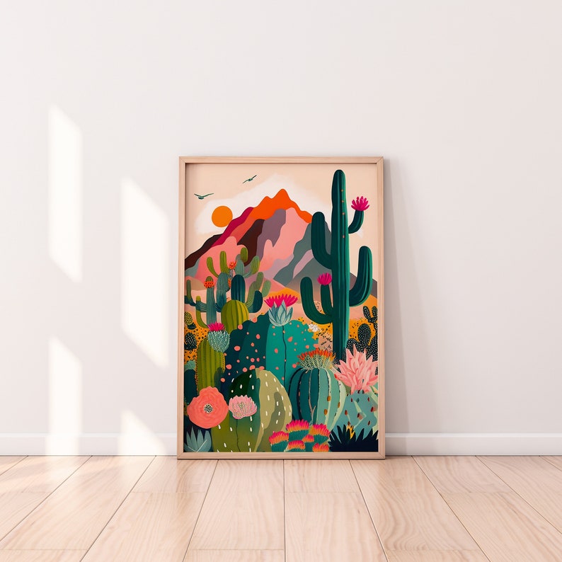 Arizona Illustration Druck, Saguaro National Park, Housewarming Geschenk, Kaktus, bunte Wandkunst helle lebendige Kunst Bild 1