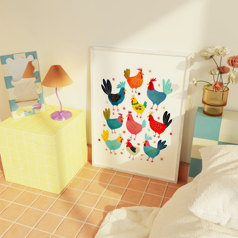 chicken painting, colorful decorative illustration, children's room, nursery art, cute print, kids room decor image 3