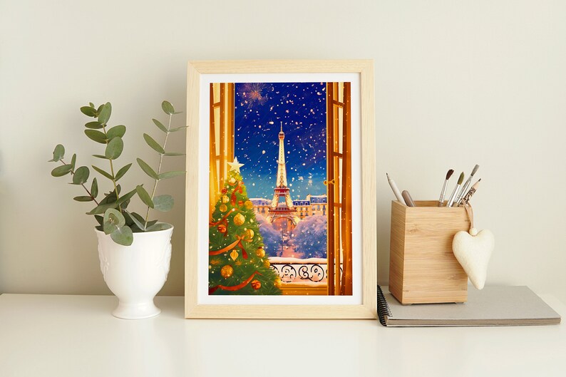 Paris at Snowy Christmas, Christmas wall art, Christmas decor, Christmas prints, Christmas, Christmas Gift, Paris print, Paris winter image 5