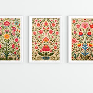 Indian Floral Art Set of 3, Indian Vintage Art, Floral Prints, Gallery wall set, Indian painting