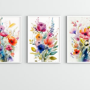 Bunte Blumen 3er-Set, Blumendrucke, bunte Wandkunst, Blumendrucke, digitaler Download, Blumenkunstdruck, abstrakte Wandkunst