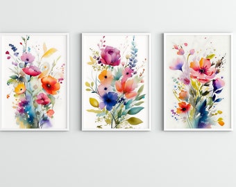 Kleurrijke bloemen set van 3, bloemenprints, kleurrijke muurkunst, bloemenprints, digitale download, bloemkunstprint, abstracte muurkunst