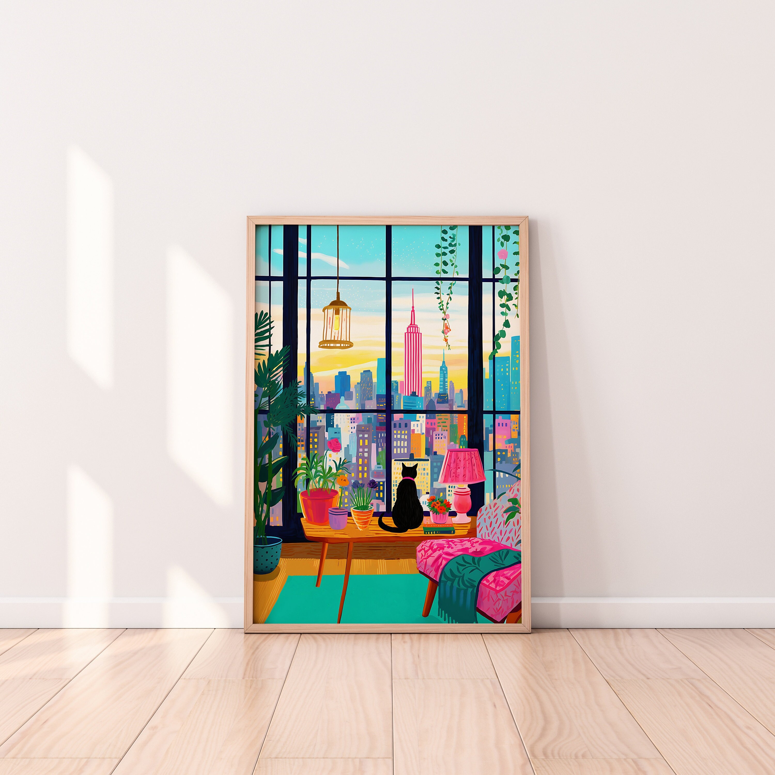 Cat in New York Illustration, New York art, Colorful Wall Art, Maximalist Decor, Travel art, NYC