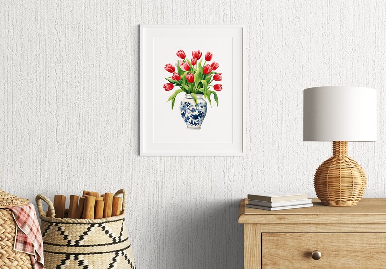 Tulpen rood boeket blauw witte vaas bloemen bloemen Art Print gemberpot gouache Boho moderne Wall Art decor boerderij decor afbeelding 3