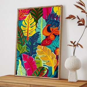Estampado tropical colorido, arte mural maximalista, arte mural botánico floral abstracto