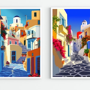 May include: Two colorful illustrations of narrow, winding streets in a Greek village. The first image shows a street with a blue and white church at the top of the hill. The second image shows a street with white buildings and a blue sky.