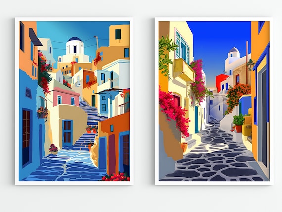 Greece Cityscape Travel Print Set of 2, Travel Illustration, Living Room Decor, Santorini