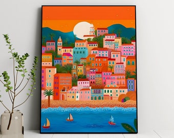 French Riviera Illustration, Menton, Travel illustration, Travel in France, Sea View Art, Colorful wall art