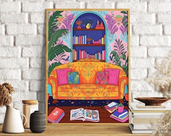 Boho Sofa Art Print: Colorful Living Room Decor (Digital Print)