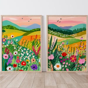 Colorful Wildflower Landscape Prints - Digital Download, Vibrant Spring Floral Art, Countryside Nature Wall Decor