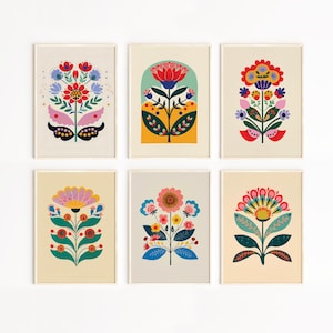 Scandinavian Floral Folk Art Set of 6, Nordic Flower Wall Art, Eclectic Wall Decor, Living Room Decor, Gallery Wall Set, DIGITAL DOWNLOAD