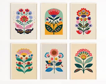 Scandinavian Floral Folk Art Set of 6, Nordic Flower Wall Art, Eclectic Wall Decor, Living Room Decor, Gallery Wall Set, DIGITAL DOWNLOAD