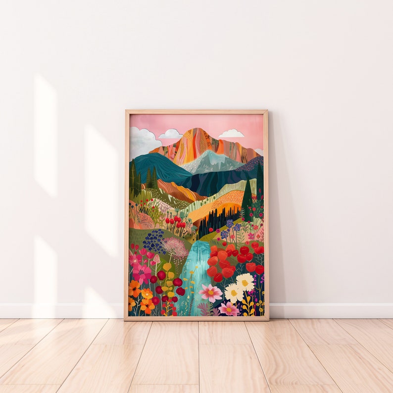 Abstract Patchwork Mountain Wall Art, Colorful Wall Art, Abstract Wall Art, Acrylic Art, Illustration Art, Scenery Art Print image 1