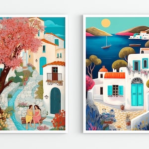 Greek Cottage Art Set of 2, Travel Print, Greece travel poster, Greece art print, Greece poster, Digital Download, Greece wall decor