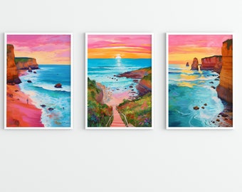 Ensemble imprimable de 3 paysages de plage australiens The Great Ocean Road, les douze apôtres, art mural galerie, décoration de dortoir rose, Victoria, Australie