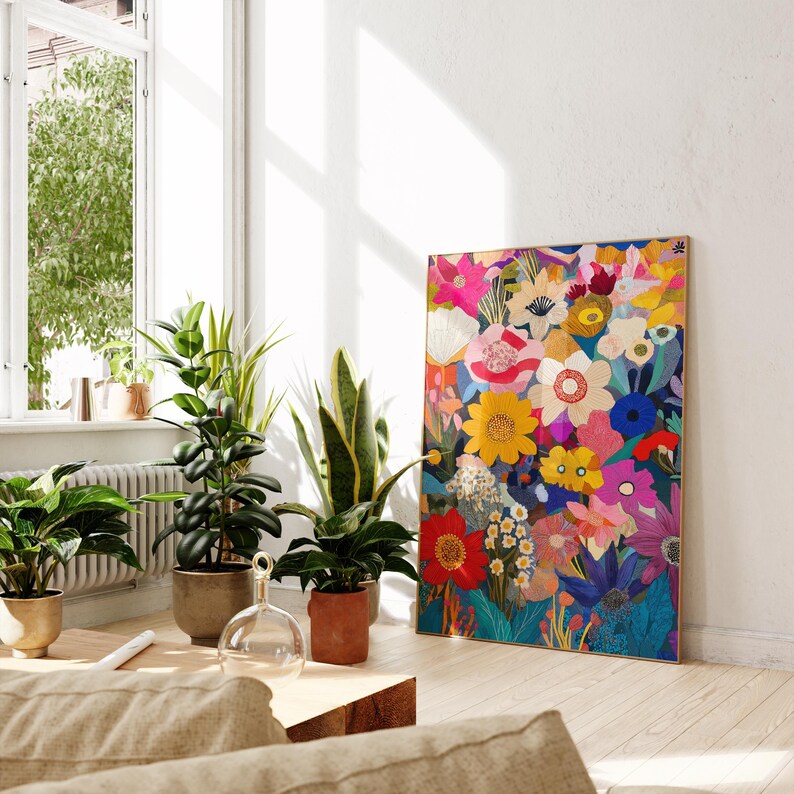 May include: A colorful floral print canvas wall art featuring a variety of flowers in shades of pink, yellow, red, blue, and green. The flowers are arranged in a dense, layered pattern, creating a vibrant and eye-catching design.