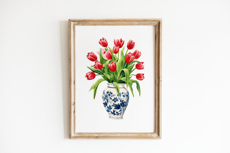 Tulpen rood boeket blauw witte vaas bloemen bloemen Art Print gemberpot gouache Boho moderne Wall Art decor boerderij decor afbeelding 1