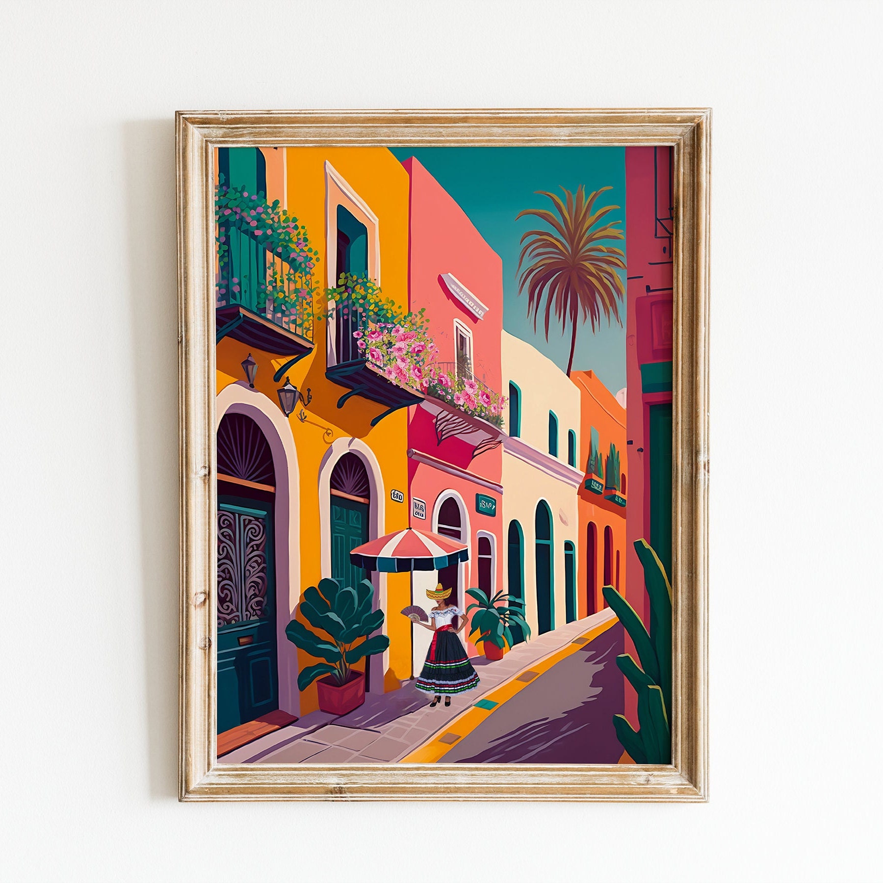 Mexico Cityscape Art Print: Colorful Street Scene (digital