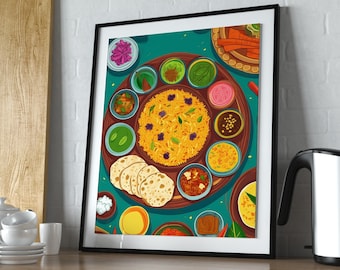 Arte imprimible de comida india, arte de pared indio, regalo de comida india, ilustración de comida, impresión de arte de cocina, huella alimentaria, arte alimentario
