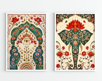 Indian Lotus Set of 2 Wall Art, Vintage Pichwai Painting, Digital Download