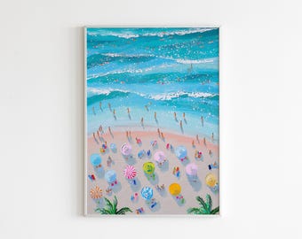Whimsical Beach Day Art Print: Aerial Coastal Umbrellas (Digital Download)