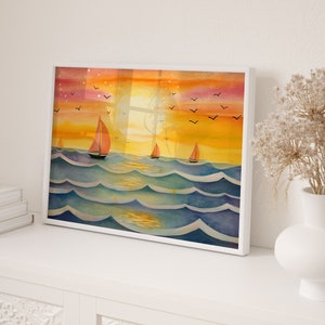 Sunset Beach Painting, Colorful Wall Art, Scenery Printable Art Print, Horizontal Beach Coast Landscape Wall Art Print, Instant Download image 5