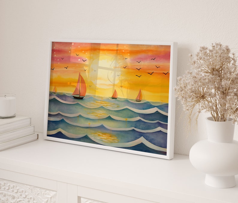 Sunset Beach Painting, Colorful Wall Art, Scenery Printable Art Print, Horizontal Beach Coast Landscape Wall Art Print, Instant Download image 5