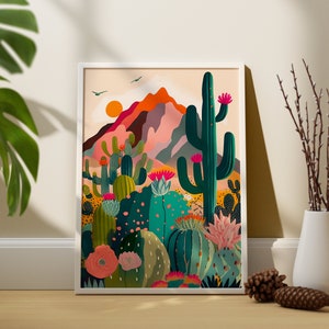 Arizona Illustration Druck, Saguaro National Park, Housewarming Geschenk, Kaktus, bunte Wandkunst helle lebendige Kunst Bild 4