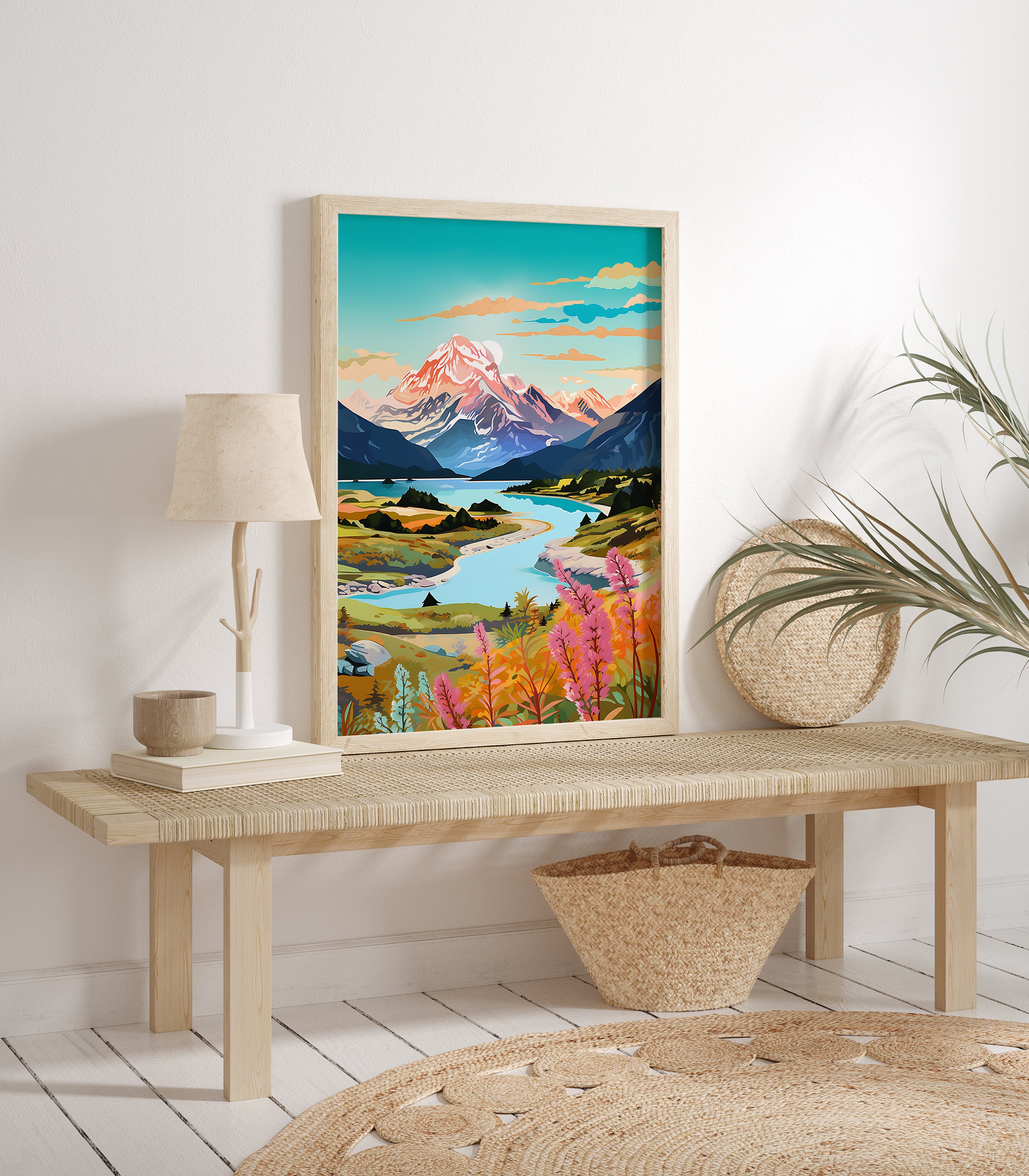 Aoraki Mount Cook Print: New Zealand Lake Pukaki Travel Poster